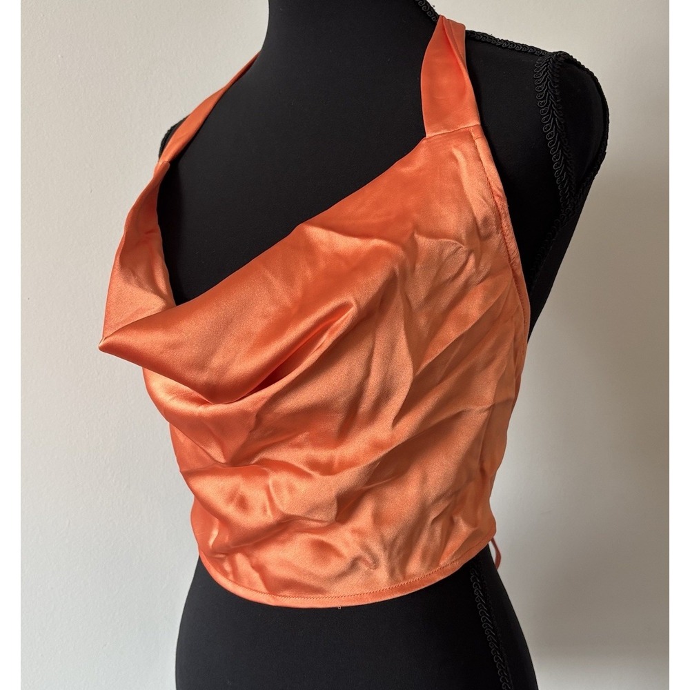 Orange Satin Crop Top Halter Cowl Neck Women's Large Beige Botany Festival Boho